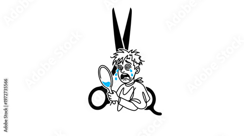 Minimalist Barber Scissors with Bad Haircut Cartoon Line Art, Monochrome Vector Illustration with Blue Tears Accent