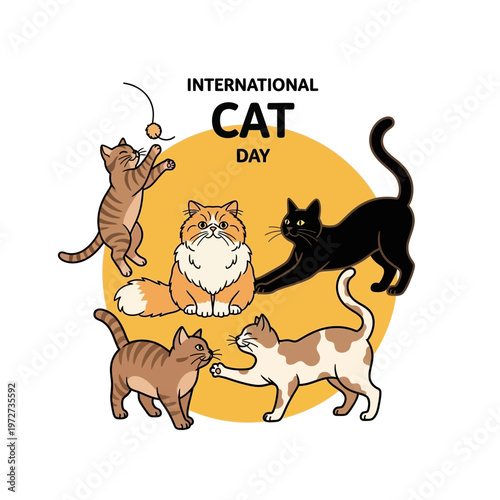 Illustration of International Cat Day with various cartoon cats playing and interacting on a white background with a yellow circle.