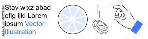 Financial management, currency exchange, investment, abstract design, economic trends, modern finance. Hand reaching towards coin and circular graphic. Financial management and currency exchange