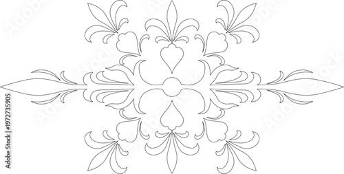 Technical decorative drawing showing symmetrical ornamental pattern with fleur-de-lis motifs, scrolling elements and heart shapes in cross formation.