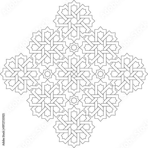 Technical architectural drawing showing an intricate Islamic geometric pattern with interlacing bands forming a four-pointed star or cross shape.