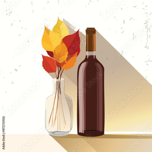 Autumn leaves in vase and wine bottle still life with long shadow