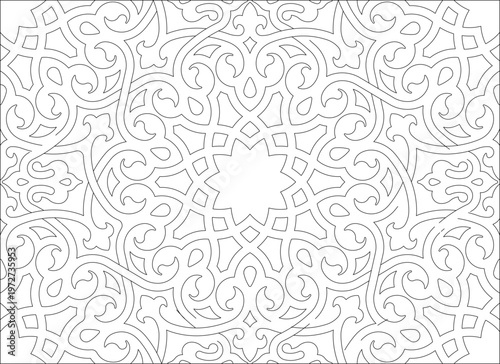 Technical decorative drawing showing an intricate arabesque pattern with a central star motif and swirling vegetal forms for screen or tile design.