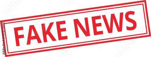 Red fake news rubber stamp icon isolated on white. Tilted rectangular graphic for misinformation and social media.