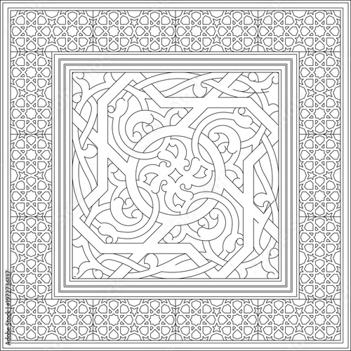 Technical decorative drawing showing a square ornamental panel with a central intricate arabesque design surrounded by a geometric border pattern.