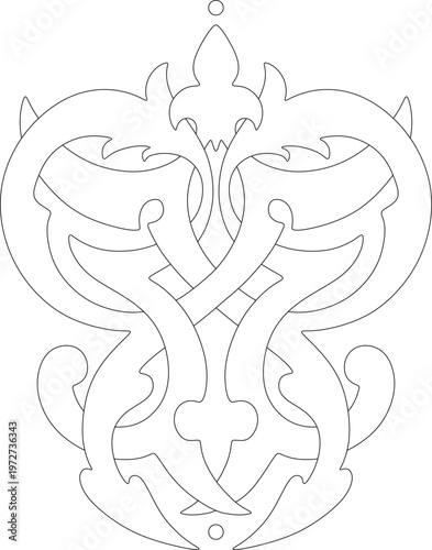 Technical decorative drawing showing vertical ornamental panel with symmetrical interlacing scrolls, pointed motifs and intricate curvilinear design.