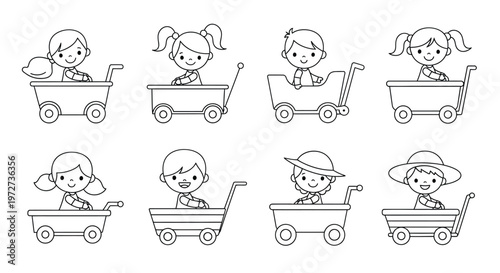 Children happily riding in and pushing small wagons a black and white illustration