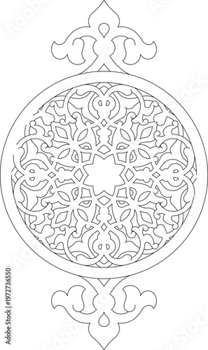 Technical decorative drawing showing a vertical ornamental panel with a central circular medallion featuring intricate geometric and arabesque patterns.