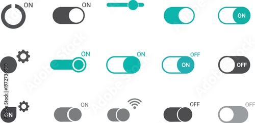 Collection of toggle switches and control icons in a minimalist teal and gray palette