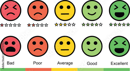 Emotional smiley faces rating scale with stars and gradient.