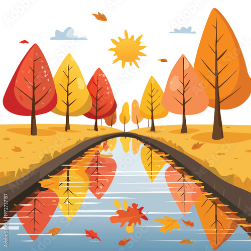 Autumnal landscape illustration trees reflecting in a tranquil waterway