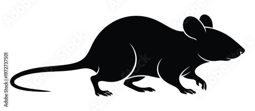Minimalist black silhouette of rat or mouse side profile with long tail, ears, and limbs for design illustration