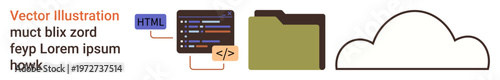 Cloud storage, data management, web development, coding, digital organization, online services. HTML code snippet, file folder and cloud symbol. Cloud storage and data management concept