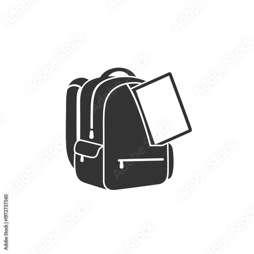 Black backpack with white laptop inside.