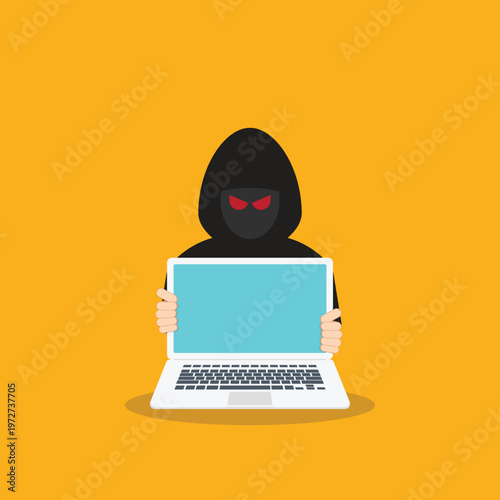 Hacker at laptop icon. Flat illustration of hacker at laptop vector icon for web design	