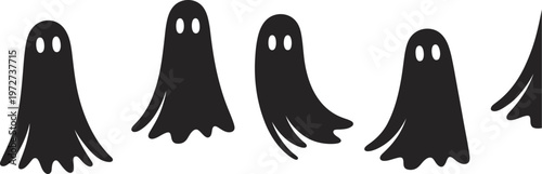 A minimalist black and white illustration of cute ghosts, perfect for Halloween themed designs and decor, conveying a playful and spooky atmosphere