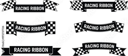 Set of minimalist black and white racing ribbon banners with checkered flags and text labels for motorsport and competitive events