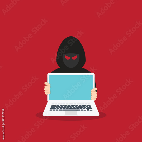Hacker at laptop icon. Flat illustration of hacker at laptop vector icon for web design	