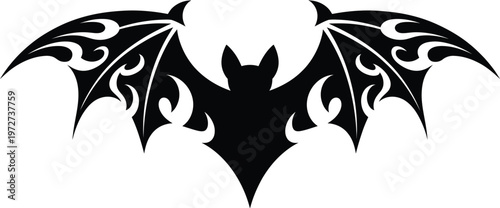 Stylized dark bat silhouette with elaborate, decorative tribal patterns adorning its widespread wings, ideal for gothic or fantasy themes