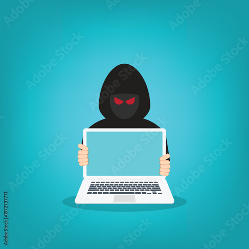 Hacker at laptop icon. Flat illustration of hacker at laptop vector icon for web design	