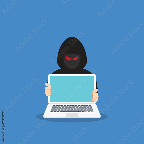 Hacker at laptop icon. Flat illustration of hacker at laptop vector icon for web design	