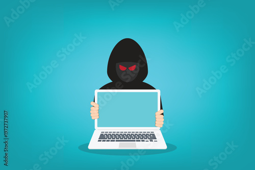 Hacker at laptop icon. Flat illustration of hacker at laptop vector icon for web design	