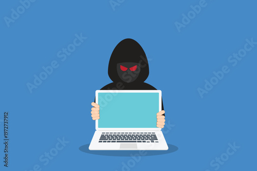 Hacker at laptop icon. Flat illustration of hacker at laptop vector icon for web design	