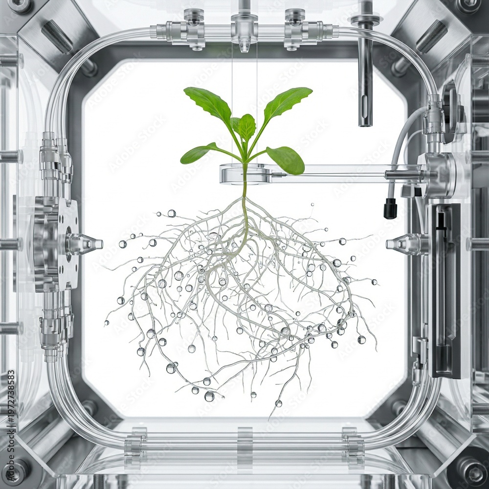 Obraz premium Green Plant Growing in a Hydroponic System with Visible Roots and Water Droplets, 3D Render