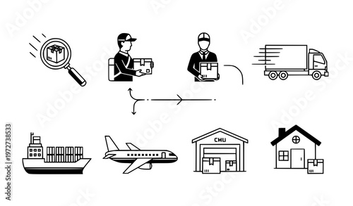 A vector graphic illustrating the process of shipping and delivery from a warehouse to a home through various transportation methods