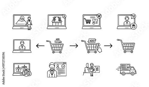 A black and white vector graphic illustrating the online shopping process with icons of laptops shopping carts and delivery trucks in a minimalist line art style