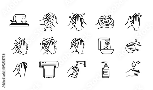 A set of minimalist line art icons depicting various hand washing and hygiene related actions and objects