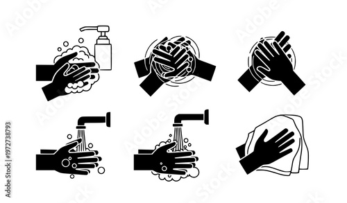 A vector graphic illustration demonstrating the proper hand washing technique with six steps