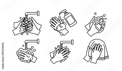 A set of six illustrations depicting various handwashing techniques using soap and water