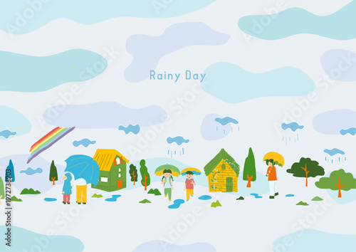 雨の山の町横長素材