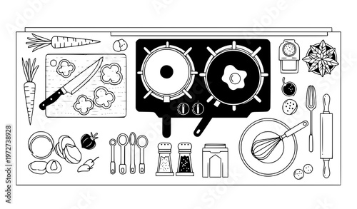 A black and white vector graphic illustration of various kitchen utensils and ingredients arranged around a two burner stove
