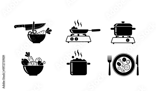 A set of six black silhouette icons depicting various kitchen utensils and cooking methods on a plain white background