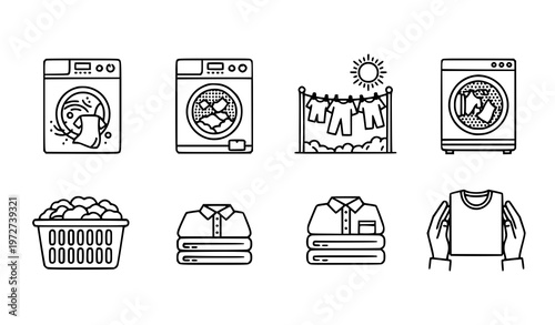 A set of eight black and white line art icons depicting various laundry related items and activities on a white background