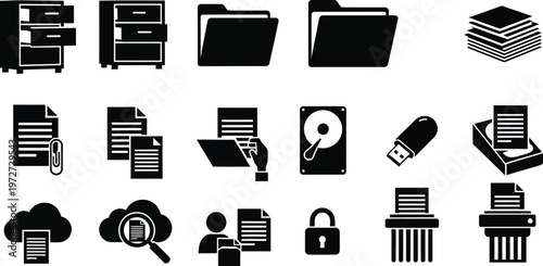 Collection of black glyph icons representing data storage documents security and file management concepts