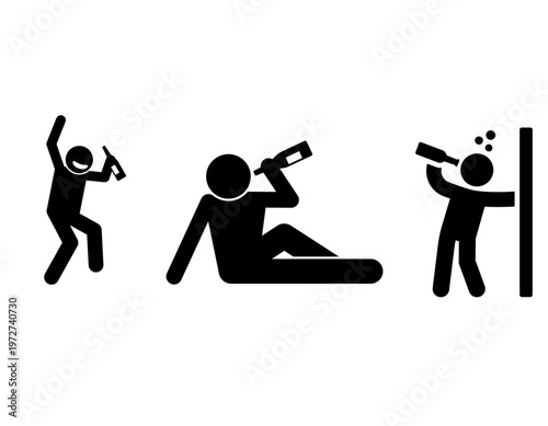 Three stick figures illustrating various stages of alcohol consumption, from celebratory drinking to intoxication and lying down.