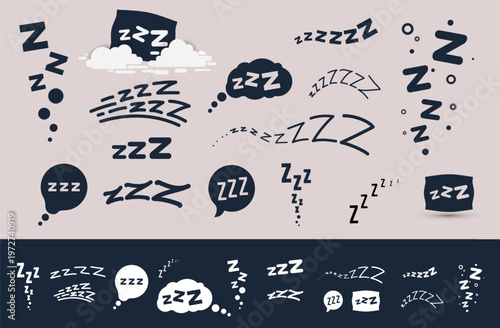 Set of lettering zzzz doodle style. Snore sleeping symbols. Comic text elements of dream, rest and nap. Sound snoring effects for cartoon design, modern trendy vector illustration pack creative art.