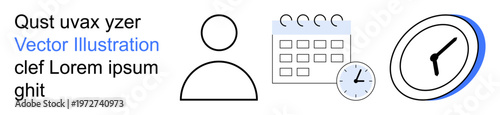 Task organization, productivity, scheduling, business planning, punctuality, time tracking. Minimalistic calendar, clock and user symbol. Task organization and productivity