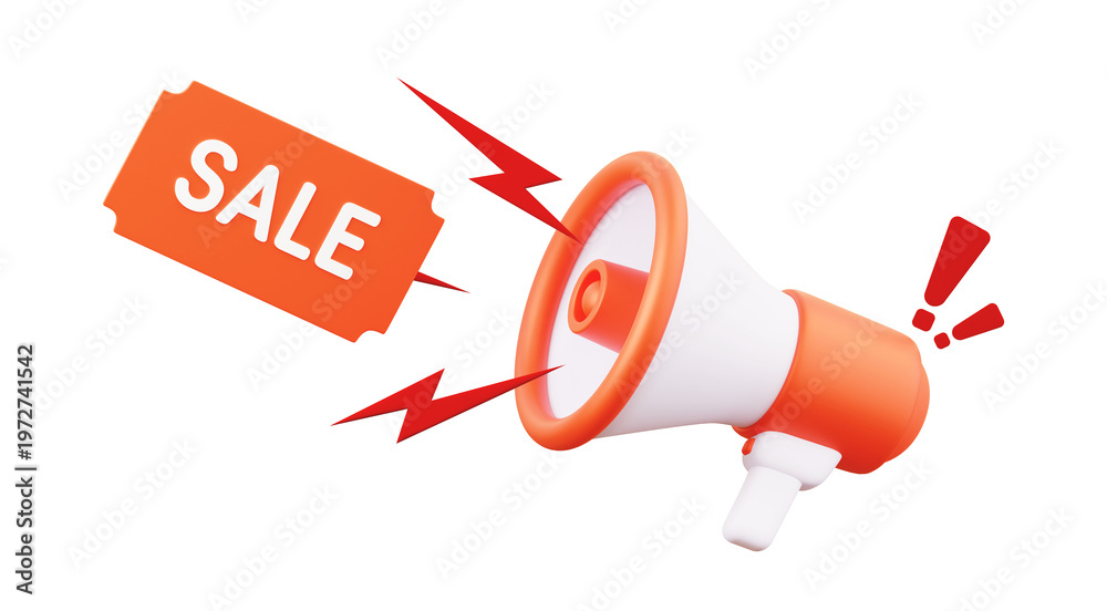Naklejka premium 3D megaphone with sale tag icon in glossy minimal style isolated png for discount promotion, special offer announcement and marketing campaign concept