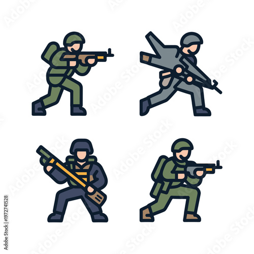 Military soldiers in various action poses and uniform.