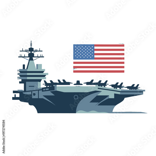 An illustrated depiction of a formidable aircraft carrier with the American flag.