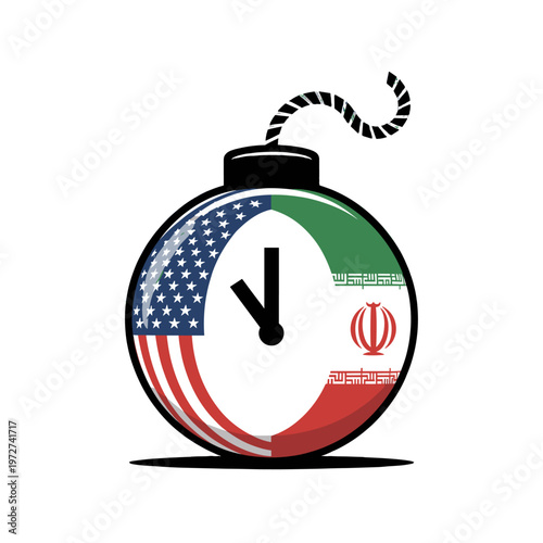 A conceptual illustration of a bomb with a clock face, showing the flags of the USA and Iran.