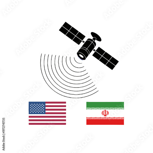 Illustration of a satellite transmitting signals, accompanied by the flags of United States and Iran.