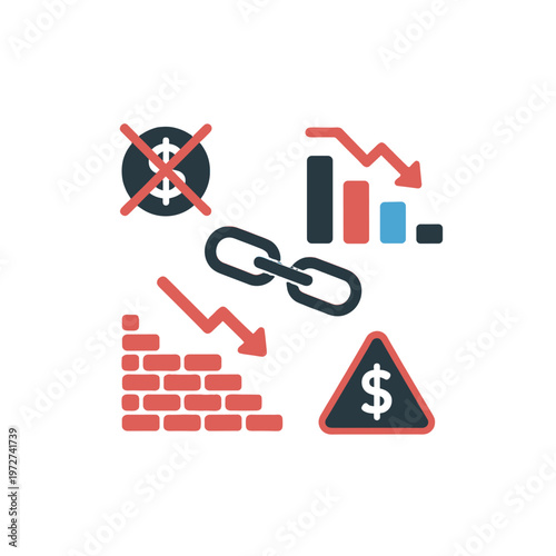 Illustrative representation of economic concepts, including debt, chain, and barrier.