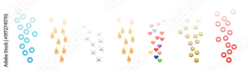 Like icons flying up for live streams. Emoticons. Social media reactions Smile fire poop Funny faces Emoji. Vector illustration
