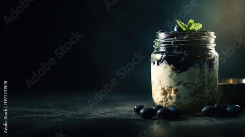 Healthy overnight oats jar with yogurt, blueberry.