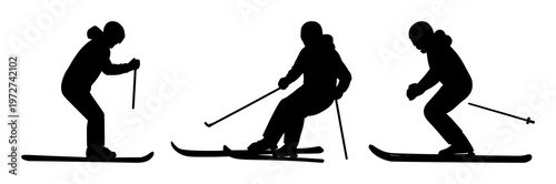 Skiing icon set with a simple solid black silhouette on white background featuring skiing, winter sports, outdoor activity with iconography and design